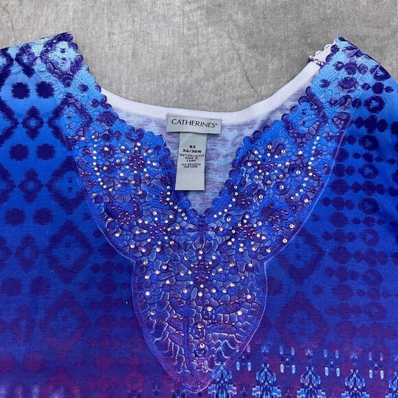 Catherines Top Women 5XLarge 34/36W Blue Purple‎ Embellished Batik Tunic Boho - Picture 2 of 11